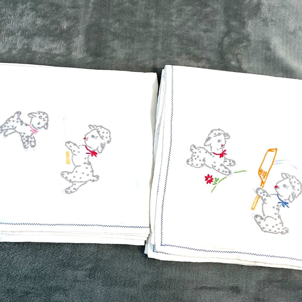 Vintage 1950s Pair Handmade Embroidered Lamb Kitchen Towels Set Kitchy Country